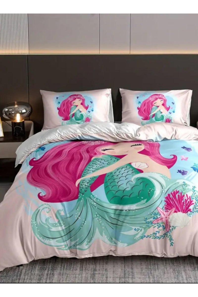 LUNA Home Single Size 4-Piece 1 duvet cover (160 x 210 cm), 1 fitted sheet (100 x 200 + 30 cm), and 2 pillow cases (50 x 75 cm) - Pink 3D mermaid design - Image 3